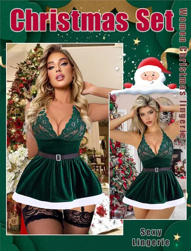Vista 3 de Avidlove Lencería de Navidad para mujer, conjunto de lencería de Papá Noel, sexy, babydoll de terciopelo, vestido de lencería traviesa S-XXL
