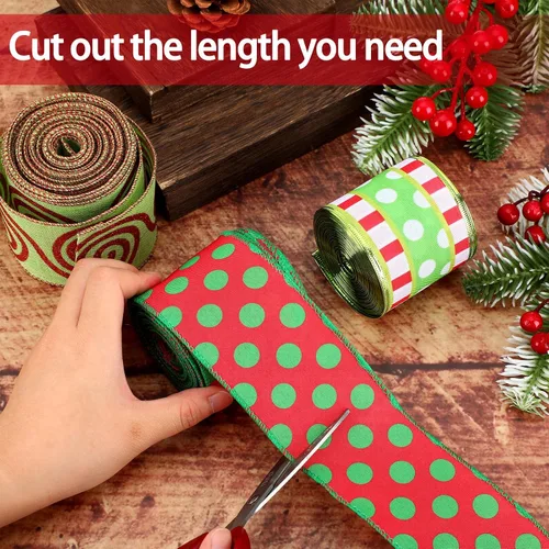 Vista 7 de 3 rollos de cinta de Navidad con alambre de 30 yardas, cinta de envoltura de Navidad roja y verde lima, 2.56 pulgadas de ancho, cintas de tela