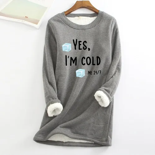 Vista 2 de Womens Yes I'm Cold Me 247 Funny Letter Print Crewneck Sweathirts Winter Warm Sherpa Fleece Lined Pullover Tunic Tops