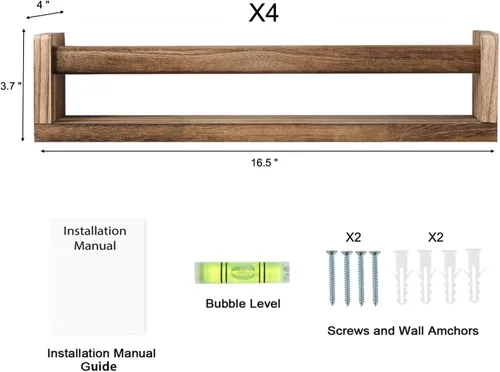 Vista 3 de Juego de 4 estantes flotantes de madera para habitación de niños, estante de libros para guardería, estante de especias de cocina (carbonizado)