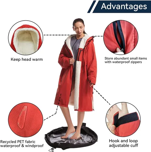 Vista 3 de Oksun Waterproof Swim Parka, Windproof Surf Poncho Warm Coat, Recycled Fabric Water Resistent Oversized Sherpa Lining Jacket