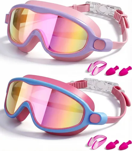 Vista 12 de Swim Goggles 2 Pack, Wide View Anti Fog&UV Swimming Goggles for Audlt, No Leak Pool Beach Essentials for Men Women Azul claro y rosa espejado