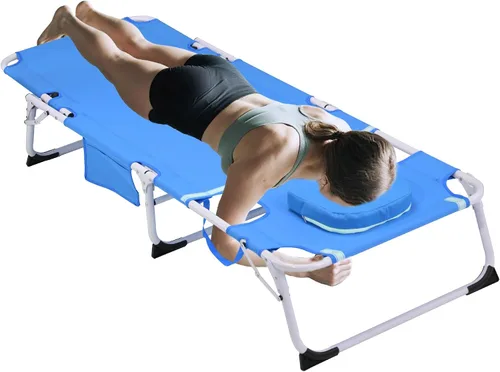 Vista 8 de Silla de bronceado 3 en 1 extragrande con esterilla y agujero para la cara, silla lounge plegable resistente - Silla ajustable de 5 posiciones