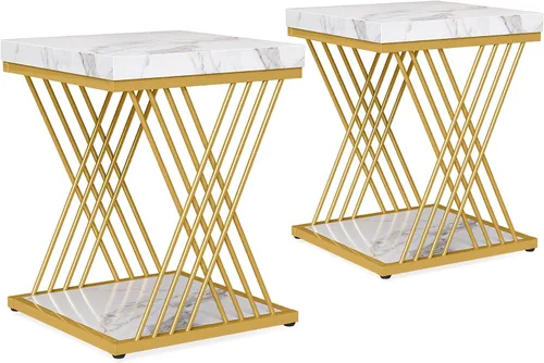 Vista 4 de Tribesigns Mesa auxiliar cuadrada de oro blanco de 2 niveles, mesas de noche pequeñas modernas con almacenamiento para sofá, mesas auxiliares
