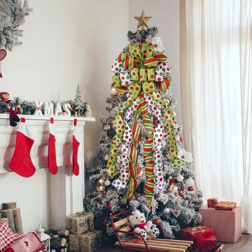 Vista 7 de Adorno de lazo grande para punta de árbol de Navidad y corona, lazo con cinta de poliéster con puntos verdes y rojos, para hogar, Acción de Gracias