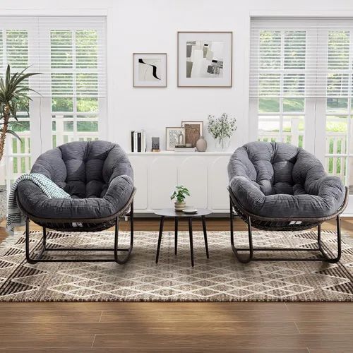 Vista 4 de Mecedora de gran tamaño para interiores, cómoda silla mecedora de pana con cojín grueso y marco, silla mecedora grande de mimbre para sala de estar