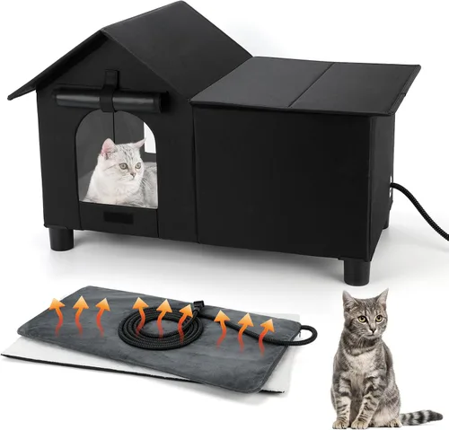 Vista 10 de Casa grande con calefacción para gatos para exteriores, casa elevada para gatos climatizada al aire libre, resistente a la intemperie, refugio