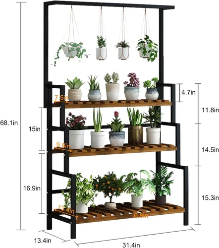 Vista 3 de Gdrasuya10 Soporte para plantas colgantes de metal negro de 3 niveles, estante de metal para macetas para jardín interior y exterior, soporte grande