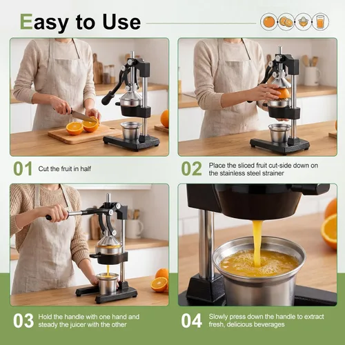 Vista 7 de Exprimidor manual de hierro fundido, exprimidor de mano comercial con taza de acero inoxidable, exprimidor manual de alta resistencia, prensa