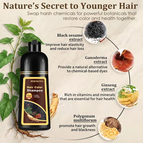 Vista 5 de Champú de tinte para el cabello 3 en 1, cobertura de canas durante 3 a 4 semanas, champú para colorear negro para todo tipo de cabello, fórmula