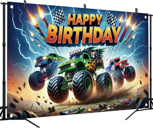 Vista 2 de Fondo de cumpleaños de Monster Truck, 70.8 x 43.3 pulgadas, poliéster, multicolor, cumpleaños, incluye telón de fondo con temática de camión