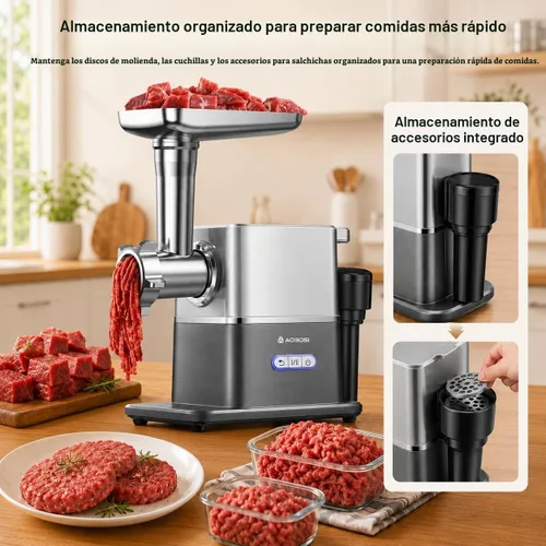 Vista 6 de Molinillo de carne silencioso actualizado 2026 con motor eléctrico de CC de 3000 W máximo, inversa automática, 3 velocidades, máquina de salchichas