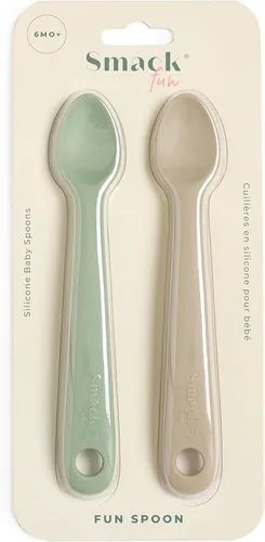 Vista 4 de Smack Fun - Cucharas de silicona para bebés Paquete de 2 (Cambridge Blue/Shifting Sand)