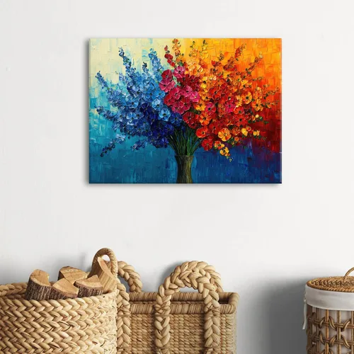 Vista 2 de Arte de pared de flores coloridas, pintura de flores silvestres, color verde azulado, rojo, naranja, textura abstracta, cuadro botánico, impresiones