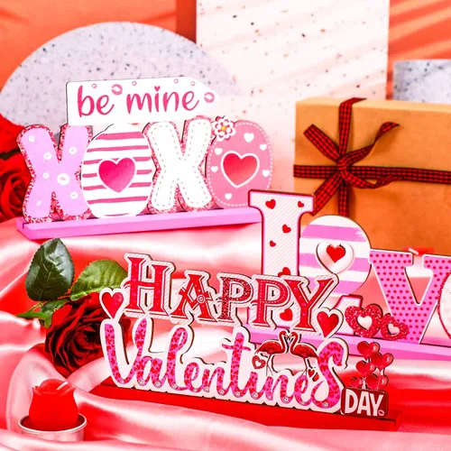 Vista 6 de Sumind 3 piezas de decoración de mesa de madera para el día de San Valentín para el hogar, centro de mesa de San Valentín para comedor, oficina
