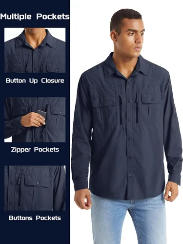 Vista 6 de TACVASEN Camisa de pesca para hombre, camisa de manga larga de secado rápido, camisa táctica con botones, camisa de trabajo ligera safari