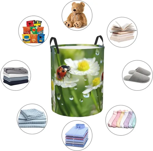 Vista 6 de Summer Ladybird Flowers print Circular Hamper Waterproof Storage Bin Organizer Basket Laundry Hamper With Handles For Clothes Toys Small