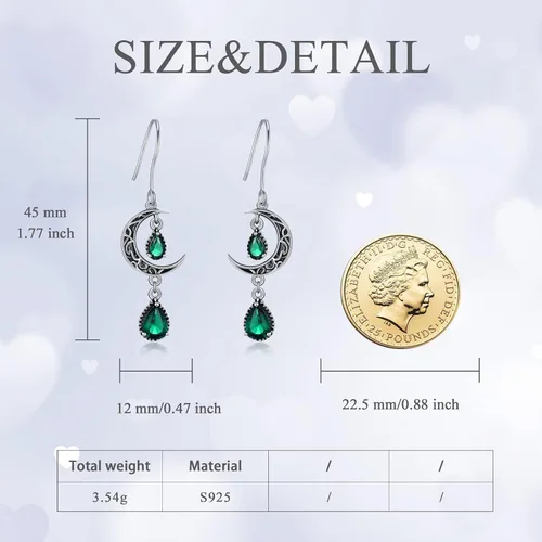 Vista 3 de VONALA Aretes de luna para mujer, plata de ley 925, aretes colgantes de luna celta, esmeralda, amatista, rubí, zafiro, rosa, peridoto, aguamarina