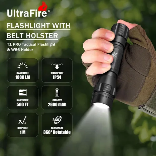 Vista 2 de ULTRAFIRE Linterna táctica con funda, linterna LED de 1000 lúmenes altos con soporte para cinturón, 3 modos brillantes de policía linternas