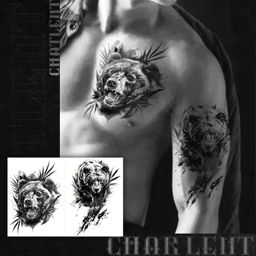 Vista 2 de CHARLENT 18 tatuajes temporales realistas de oso tigre, león, lobo para hombres y adultos, calcomanías de tatuajes de animales falsos negros