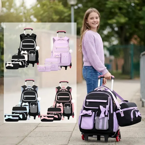 Vista 3 de Mochila con ruedas para niñas, mochila con ruedas para escuela primaria, bolsa de libros con ruedas con 6 ruedas, 3 ruedas negras y azules-6