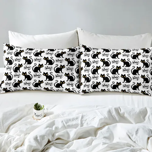 Vista 4 de Juego de sábanas bajeras con bonito diseño de gato negro para niños y niñas, diseño de dibujos animados de Halloween, gato, animales, sábanas
