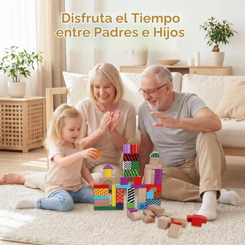 Vista 5 de Offelec Juego de 50 bloques de construcción de madera con cubo de almacenamiento, bloques apilables Montessori y juguetes de clasificación de formas