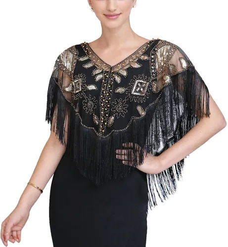 Vista 21 de Chales envolventes para mujer de los años 1920 con lentejuelas y cuentas, chales nupciales estilo flapper, capa de noche A #. Estilo 2-negro y dorado