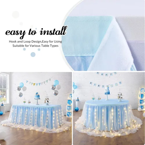 Vista 3 de Leegleri Falda de mesa de tul azul bebé con tutú y LED para baby shower, bodas, fiestas de cumpleaños - 15 pies para mesas rectangulares o redondas