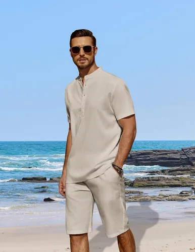 Vista 2 de COOFANDY - Conjunto de 2 piezas de lino para hombre, camisas Henley casuales de manga corta, pantalones cortos de playa, yoga, pantalones de verano