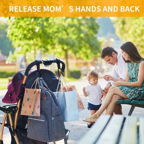 Vista 6 de Ganchos para cochecito de bebé, ganchos para colgar bolsas de pañales, ganchos multiusos para bolsas de compras de comestibles, correas de cuero
