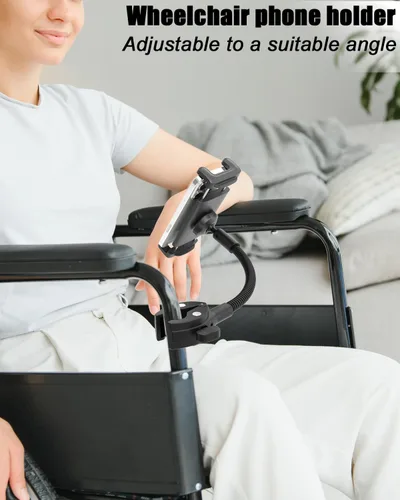 Vista 5 de Charchendo Soporte para tablet con mango de silla de ruedas, soporte para tableta de teléfono para silla de ruedas con brazo de aluminio de 9.45