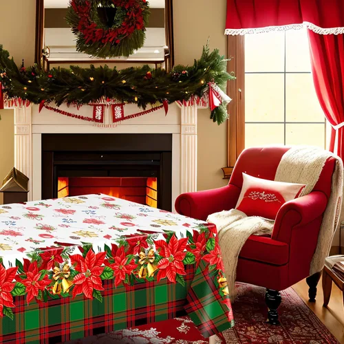 Vista 6 de Peryiter 2 piezas de mantel de plástico de Navidad alegre, 54 x 108 pulgadas, rojo de invierno, flor, loro, desechable, para decoración de fiesta