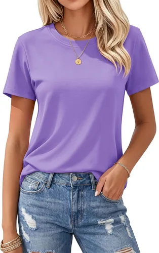 Vista 9 de MAGCOMSEN Camisetas de algodón para mujer de manga corta con cuello redondo, camisetas de ajuste clásico y transpirables de verano a1-Negro