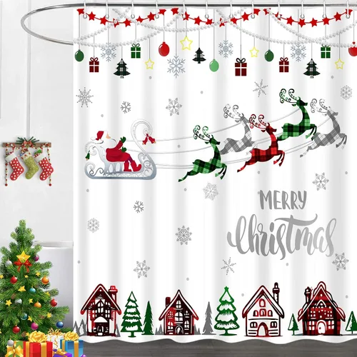Vista 4 de Cortina de ducha de Feliz Navidad, trineo de Papá Noel, reno, copo de nieve, vacaciones, cuadros rojos y verdes, juego de cortinas de ducha