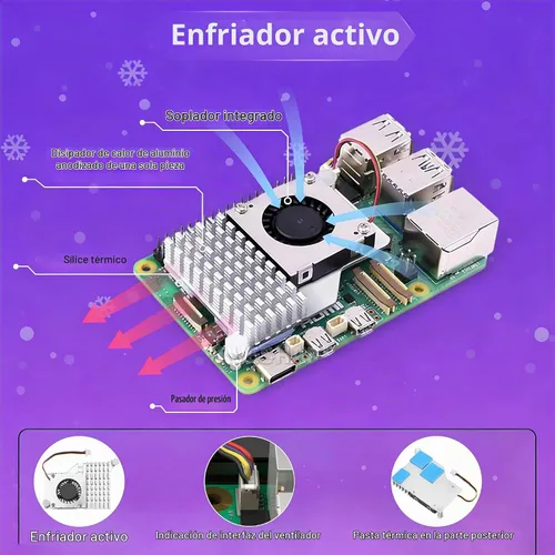Vista 5 de Kit Básico SANOOV para Raspberry Pi 5 4GB RAM con Enfriador Activo, Placa Única Rpi 5 4GB y Estuche ABS Incluido
