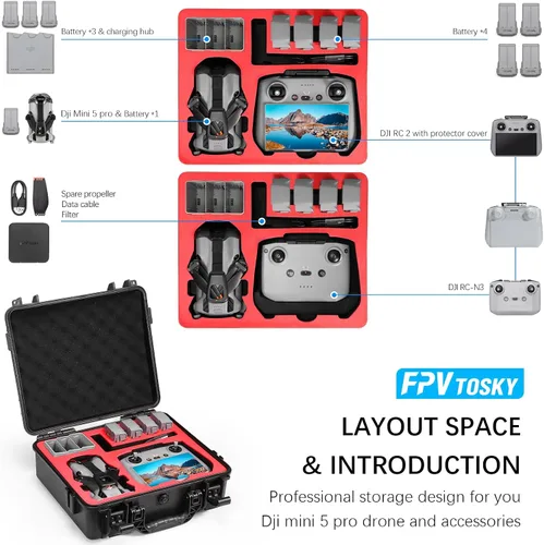 Vista 2 de FPVtosky Funda rígida para DJI Mini 5 Pro/Fly More Combo/Plus, funda de transporte impermeable para accesorios Mavic Mini5 Pro RC 2 [solo funda]