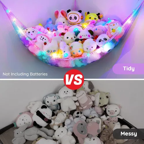 Vista 4 de Unicorn Castle Hamaca de red para animales de peluche, almacenamiento de juguetes con luz LED, organizador de juguetes de felpa para colgar