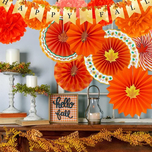 Vista 9 de Winlyn Paquete de 21 decoraciones de fiesta de otoño a granel, color naranja tía, abanicos de papel colgantes, pancarta de feliz otoño, pompones