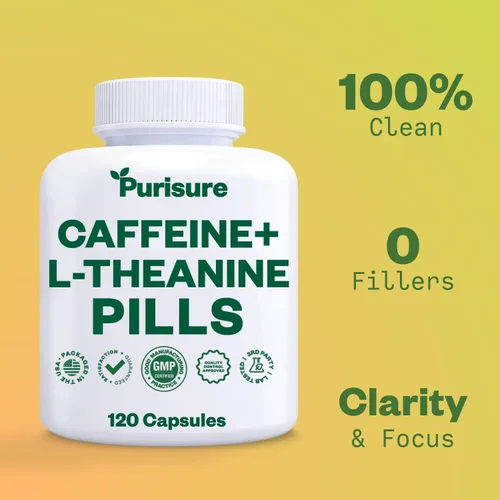 Vista 2 de Purisure Cápsulas de teanina de cafeína, píldoras de cafeína 100 mg L teanina para pre entrenamiento, energía y claridad, píldoras energéticas