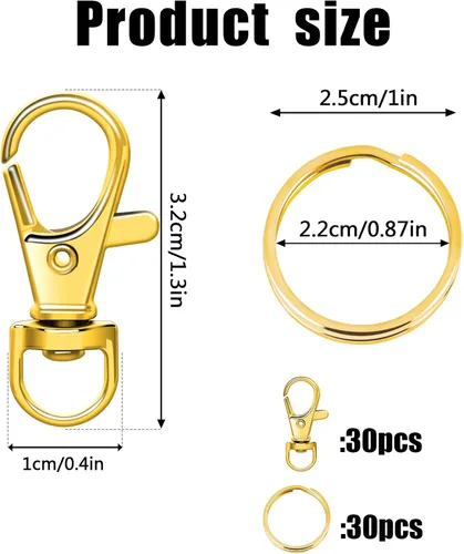 Vista 2 de SANNIX 60 piezas de ganchos giratorios dorados con llaveros, ganchos de clip para llavero, anillos para llavero, cierres de pinza de langosta