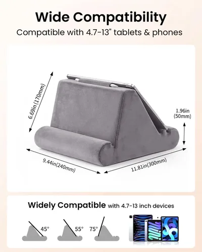 Vista 5 de CreaDream Soporte de almohada para tableta, almohadilla suave para regazo, soporte para tablet para cama con 3 ángulos de visión, bolsillo, soporte
