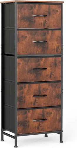 Vista 27 de Sweetcrispy Cómoda alta de tela para dormitorio, cómoda delgada de 6 cajones, torre de almacenamiento estrecha con parte superior de madera y marco