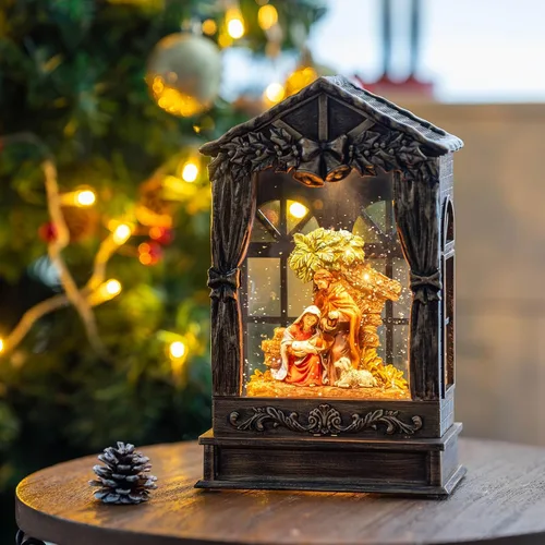 Vista 5 de Globo de nieve navideño iluminado con pesebre y escena del nacimiento, musical de la Sagrada Familia, agua y cuna con música silenciosa de la noche