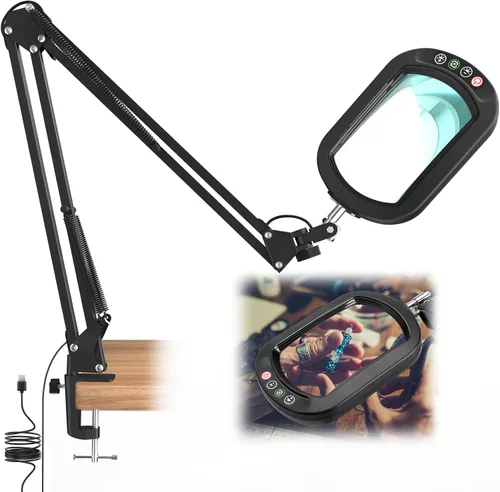 Vista 9 de IVMAIE Lupa rectangular 10X con luz, 5 modos de color, lupa regulable sin escalones con soporte, lámpara de escritorio con abrazadera iluminada LED