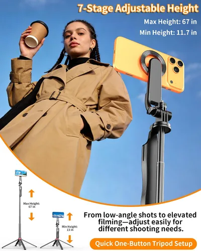 Vista 2 de Trípode magnético para teléfono con mando a distancia, trípode para selfie stick de 67 pulgadas para vlogging, plegado de 11.7 pulgadas, soporte