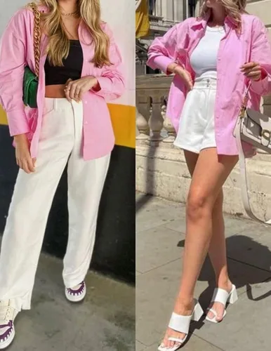 Vista 4 de Zeagoo Camisas de manga larga con botones para mujer, blusa de manga larga con cuello para trabajo, informal, tallas S-XXL, 1-Rosa