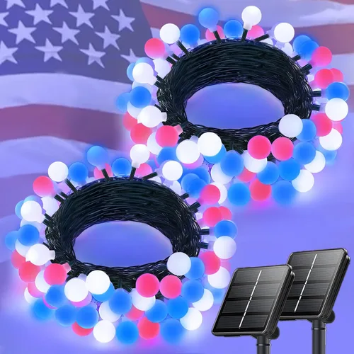 Vista 17 de LORRYTE Tira de luces solares para exteriores, 50 luces LED de 32 pies, impermeables, con energía solar, luces de globo de cristal para exteriores