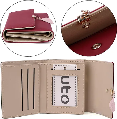 Vista 37 de UTO - Cartera pequeña RFID de piel sintética con dije de hoja, cierre de cremallera y tarjetero.