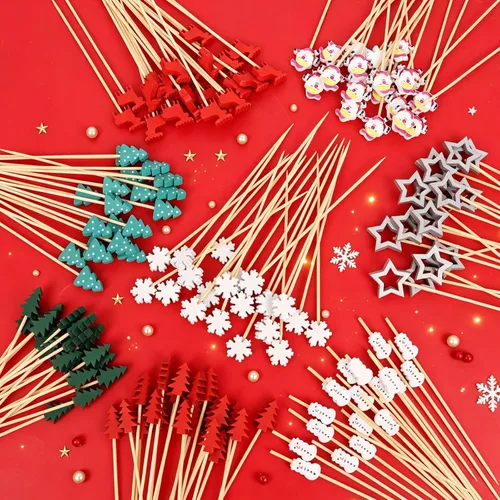 Vista 4 de KIMOBER 160 palillos de cóctel de Navidad, varios palillos de dientes de frutas de bambú para alimentos, aperitivos, bebidas, decoración de pasteles